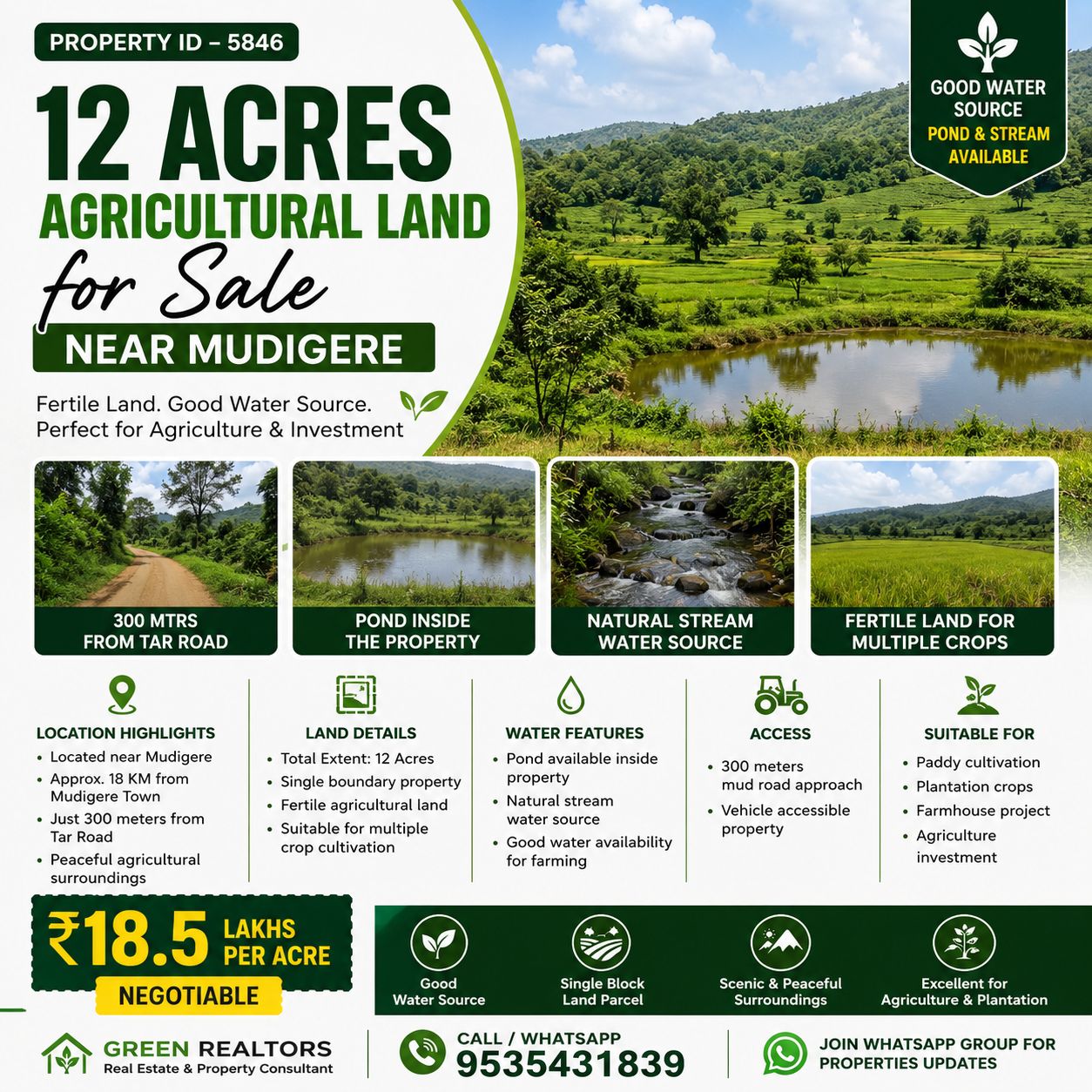 🆔 *PROPERTY ID – 5846* 🌿 *12 Acres Agricultural Land for Sale – Near Mudigere*
